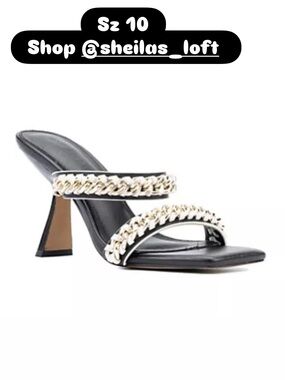 Black Chain-Trim Heeled Slide Mules